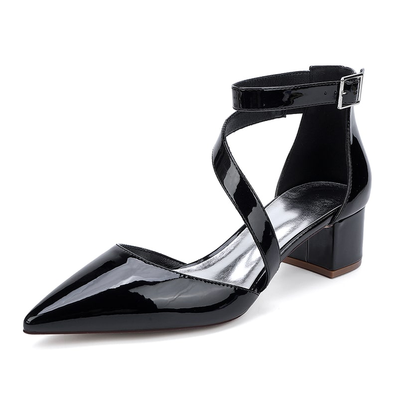 Elegant patent leather bridal heels with an ankle strap and pointed toe design