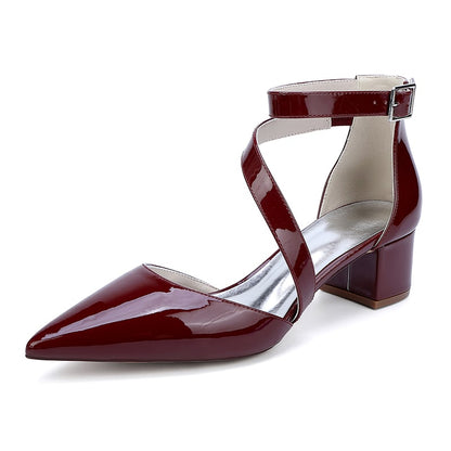Burgundy patent leather bridal heels with cross-strap design and a comfortable block heel