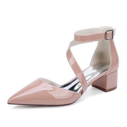 Stylish patent leather bridal heels with ankle strap and block heel in blush pink