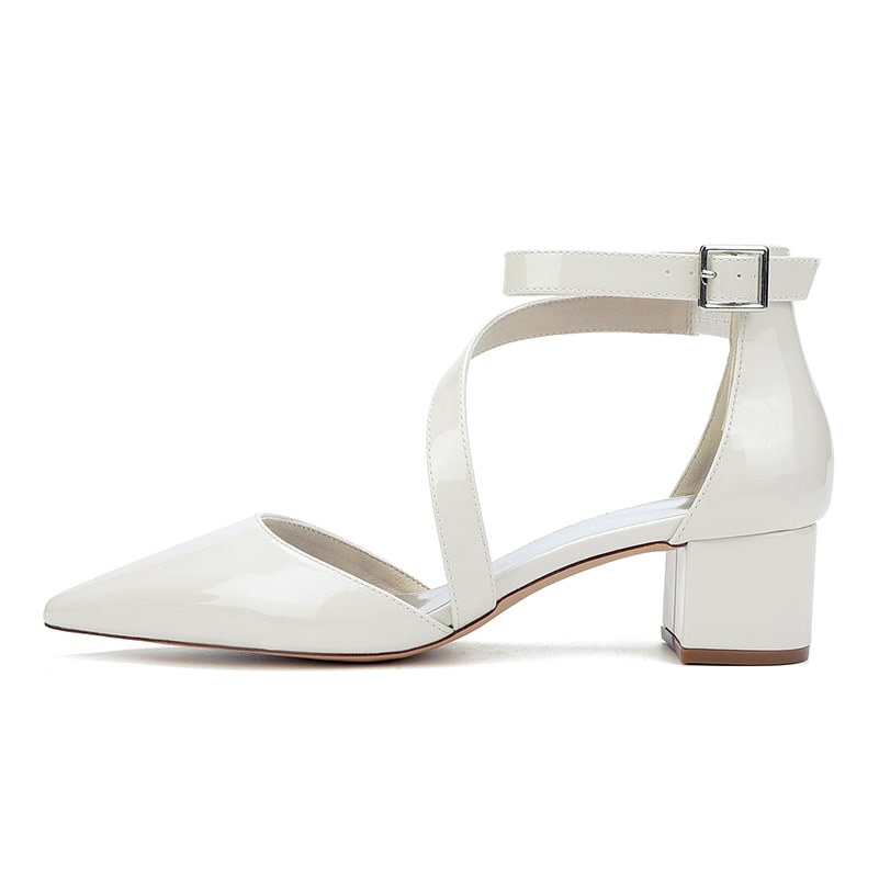 Elegant patent leather bridal heels with ankle strap and block heel for modern brides