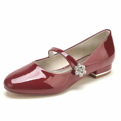 S&DCo. burgundy patent leather wedding shoes with a decorative flower embellishment for elegant occasions