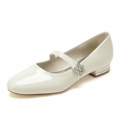 S&DCo. elegant patent leather wedding shoes with a decorative strap for bridal comfort and style