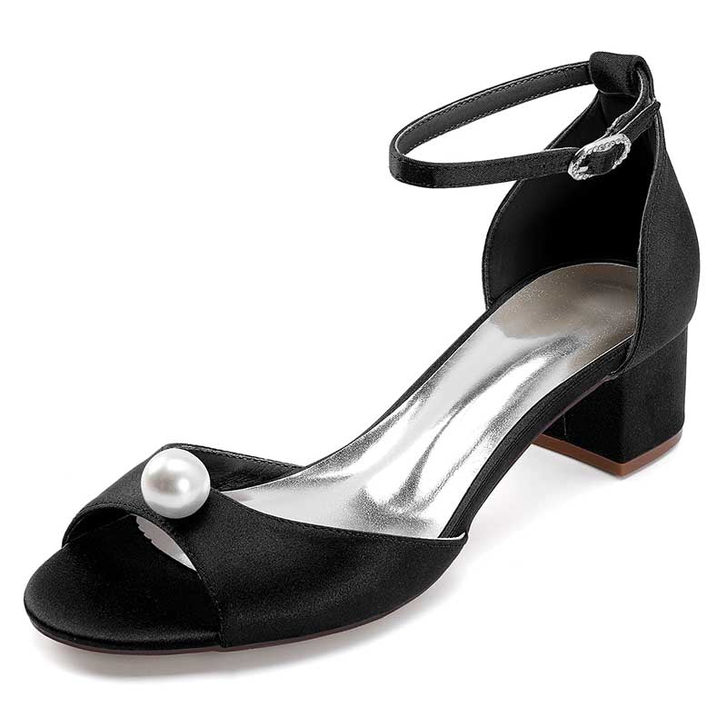 Elegant black pearl block heel wedding sandals with ankle strap for stylish bridal footwear
