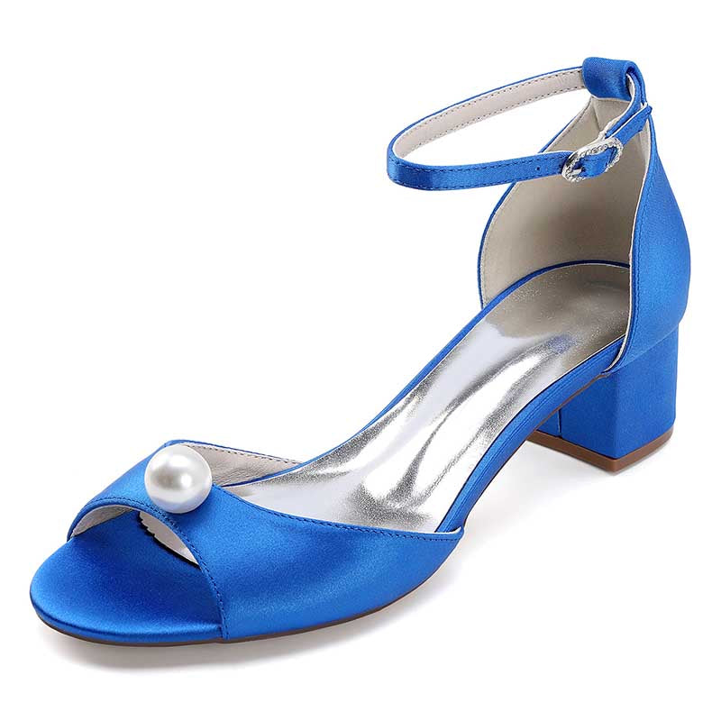 Elegant blue pearl block heel wedding sandals with ankle strap and shiny finish
