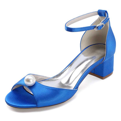 Elegant blue pearl block heel wedding sandals with ankle strap and shiny finish