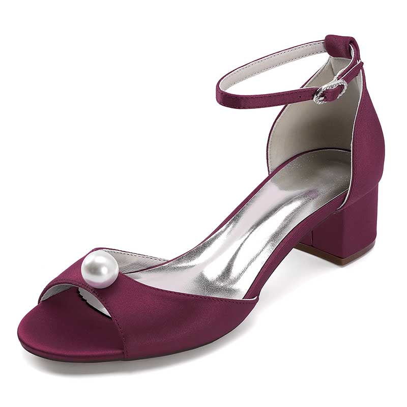 Burgundy pearl block heel wedding sandals with ankle strap and elegant design for special occasions