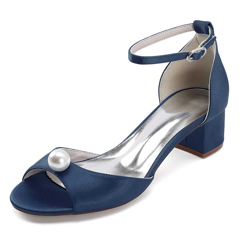 Sd-hk pearl block heel wedding sandals in navy blue with elegant open-toe design and pearl accent