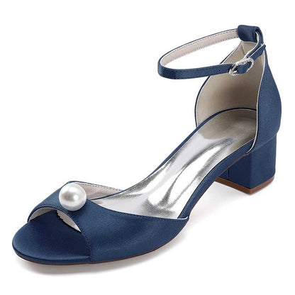 Sd-hk pearl block heel wedding sandals in navy blue with elegant open-toe design and pearl accent
