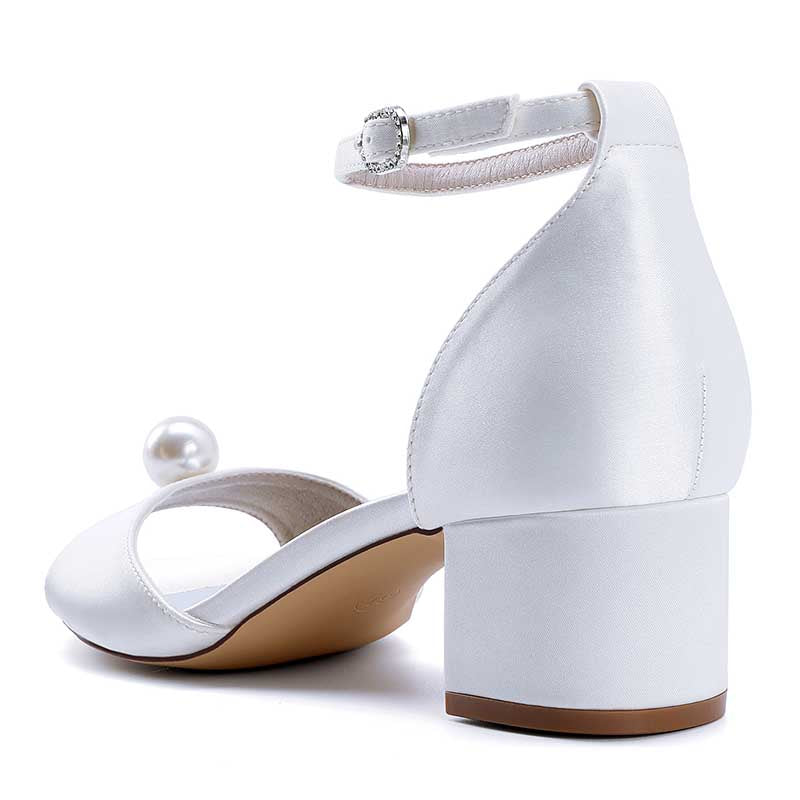 Elegant pearl block heel wedding sandals with ankle strap and pearl detail in white