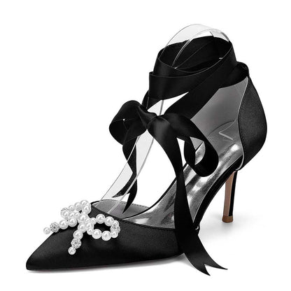 Elegant pearl bow bridal heels with satin finish and stylish ankle ribbons