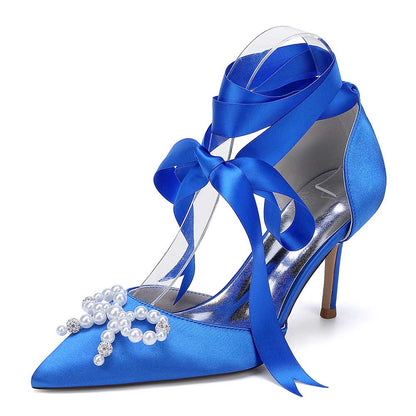 Blue satin pearl bow bridal heels with ribbon straps and elegant pearl accents