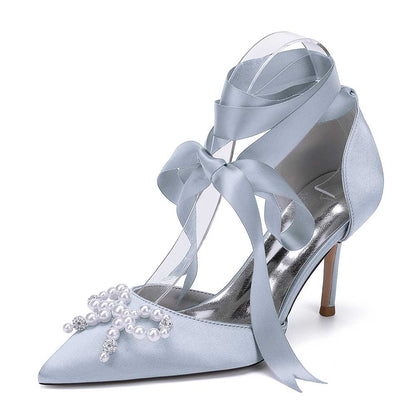 S&DCo. pearl bow bridal heels in light blue satin with elegant pearl embellishments