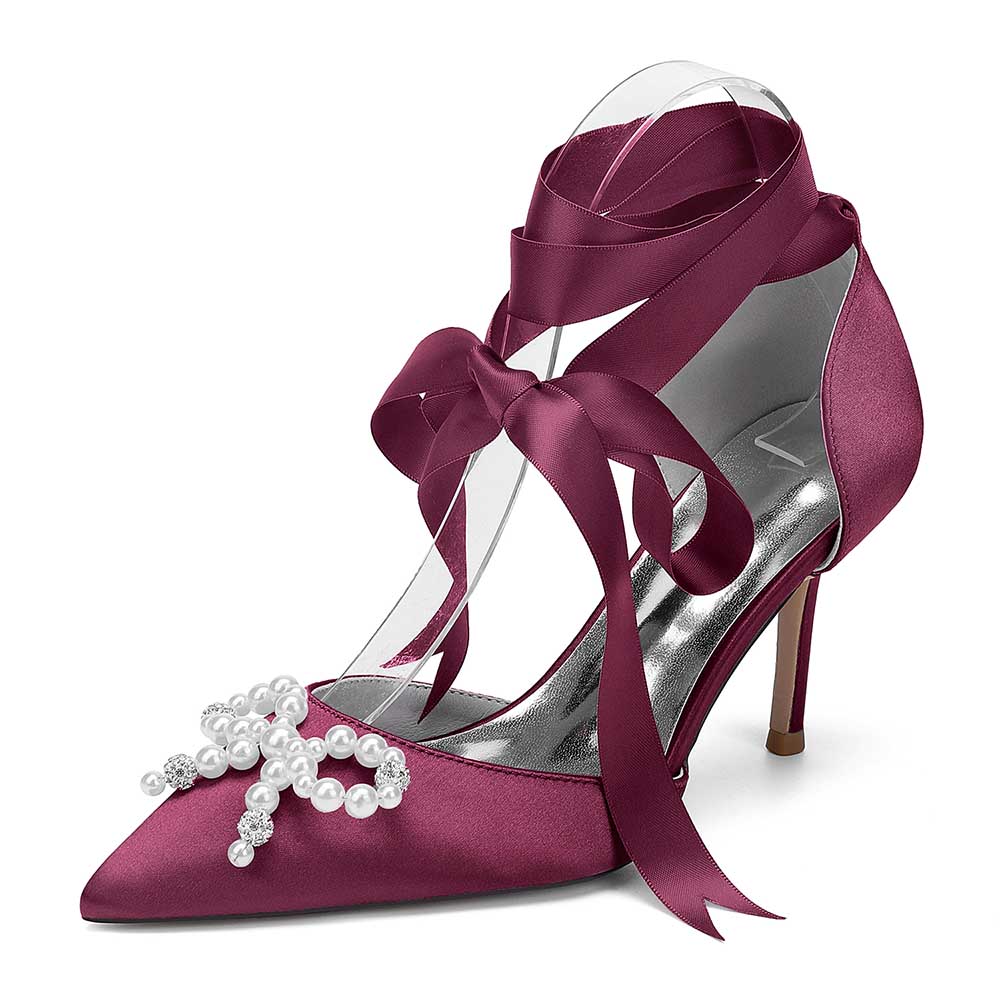 Elegant S&DCo. pearl bow bridal heels in burgundy with satin finish and decorative ribbon ties