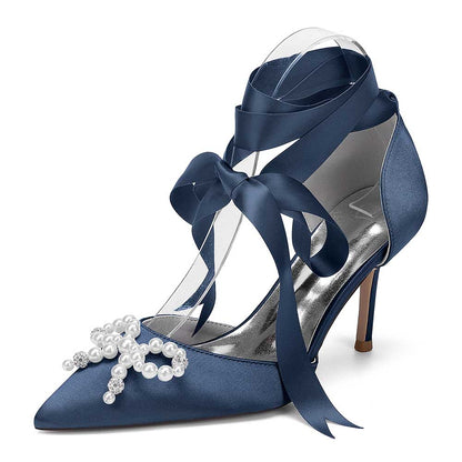 Elegant blue satin pearl bow bridal heels with crystal embellishments and ribbon ties