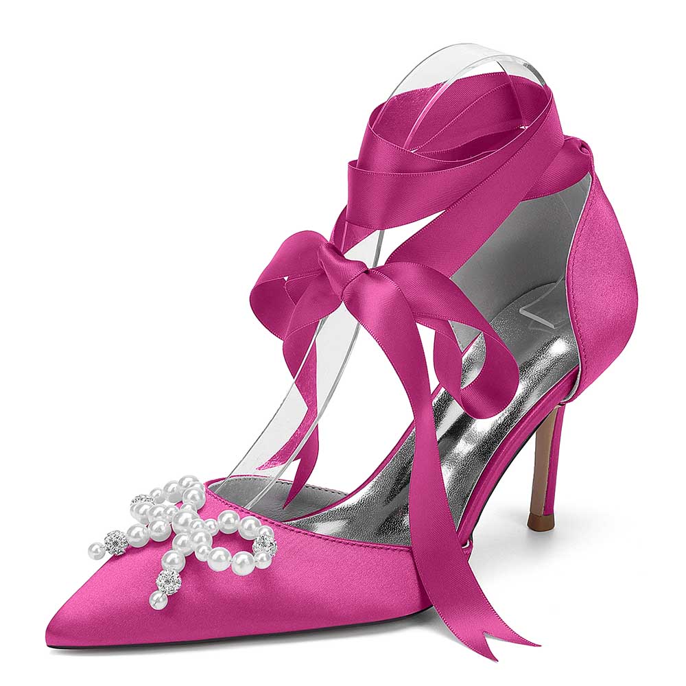 S&DCo. Pink Satin Bridal Heels with Pearl Bow for Stylish Weddings