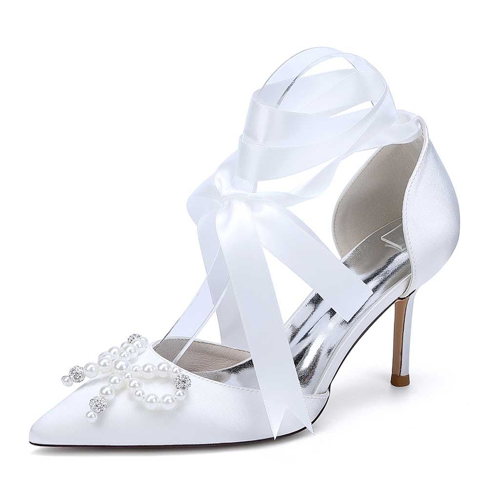 Elegant white pearl bow bridal heels with satin finish and decorative embellishments for weddings
