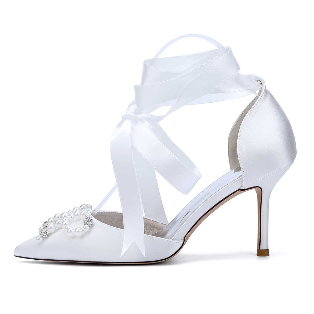 Elegant pearl bow bridal heels with satin finish and ribbon detail for weddings