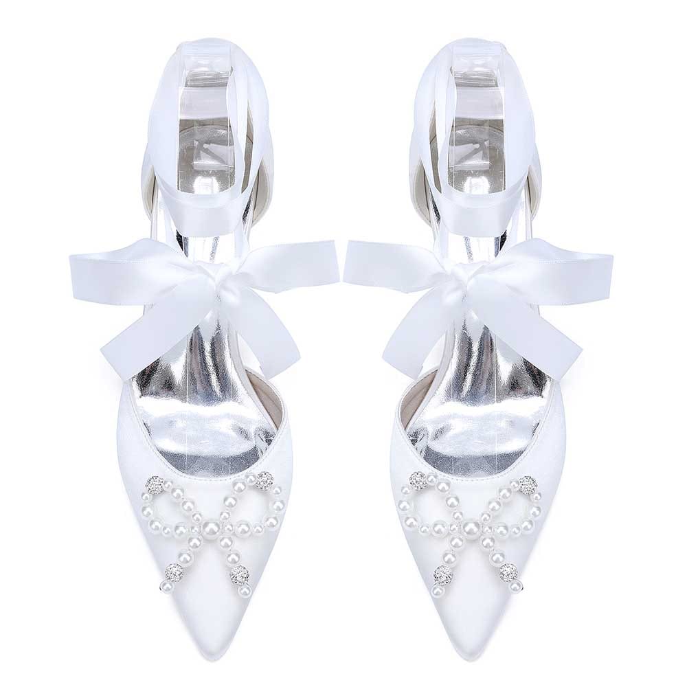 S&DCo. pearl bow bridal heels in white satin with stunning pearl embellishments and elegant ribbon tie