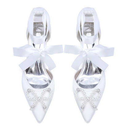 S&DCo. pearl bow bridal heels in white satin with stunning pearl embellishments and elegant ribbon tie