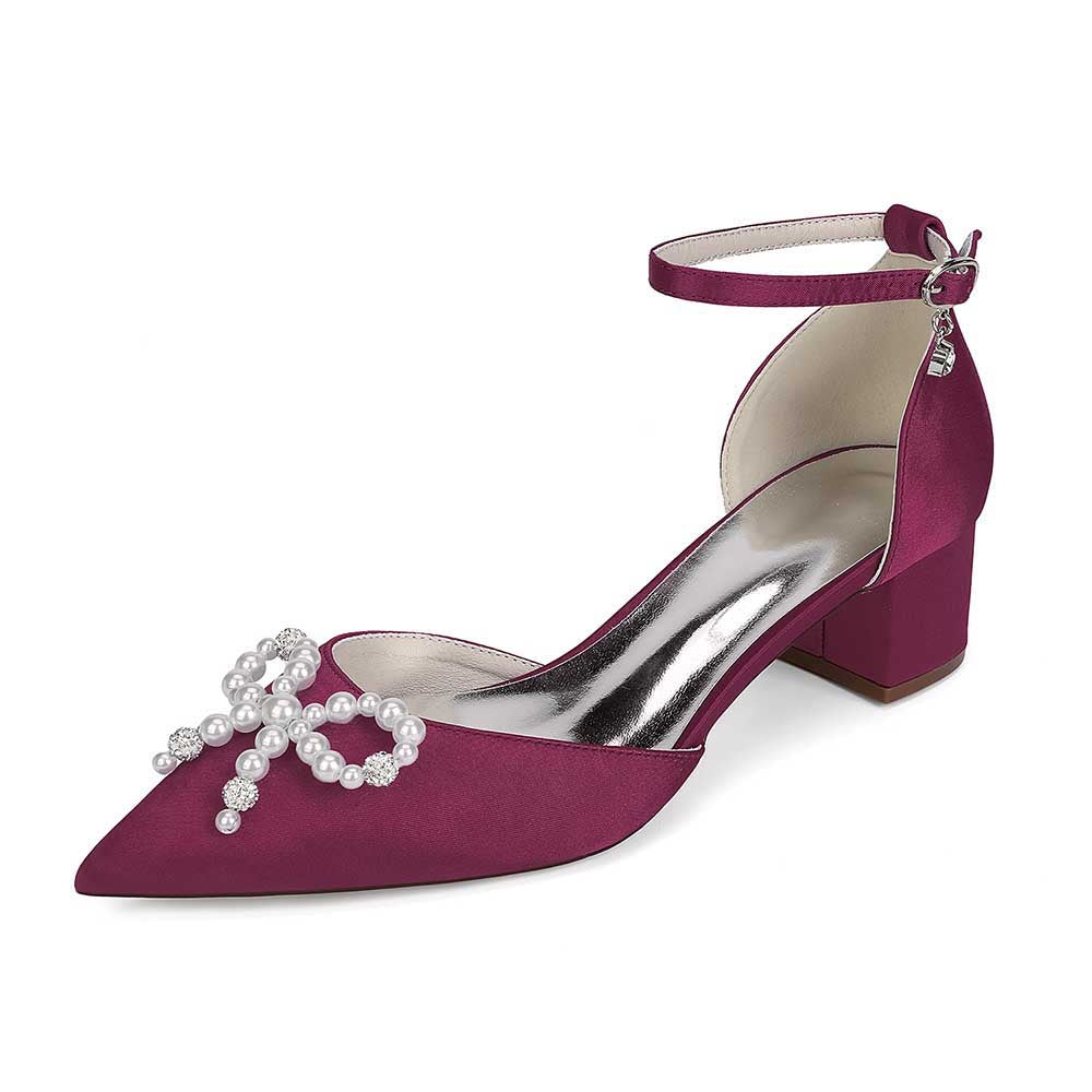 Elegant maroon pearl embellished bridal heels with ankle strap and decorative bow detail