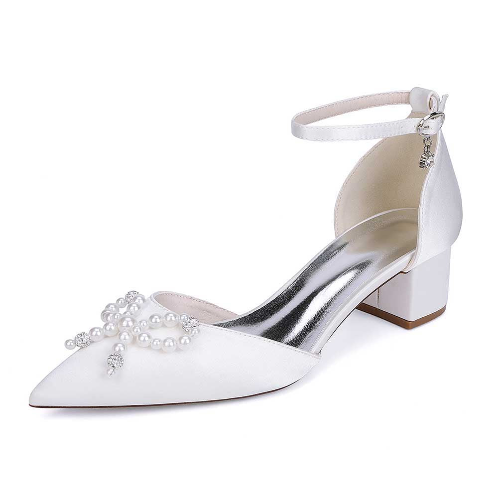 Elegant pearl embellished bridal heels with ankle strap and block heel design for stylish weddings