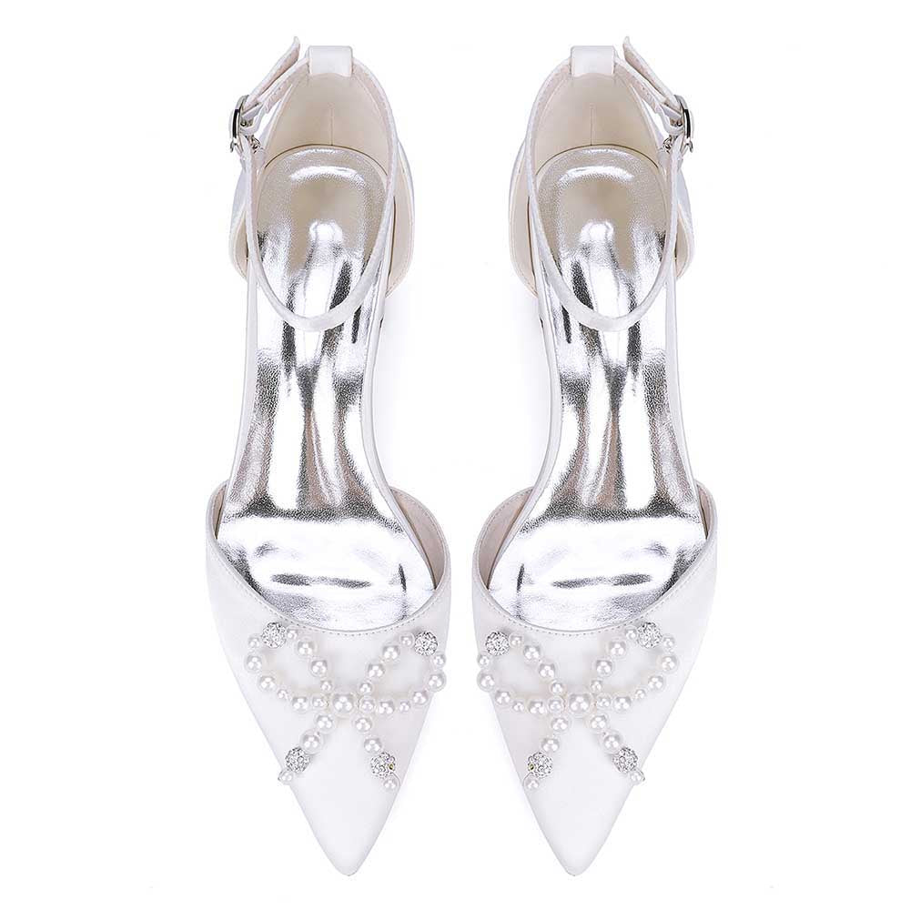 Elegant pearl embellished bridal heels with pointed toe and ankle strap for stylish weddings