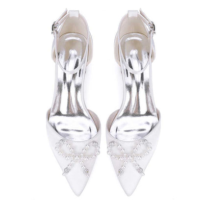 Elegant pearl embellished bridal heels with pointed toe and ankle strap for stylish weddings