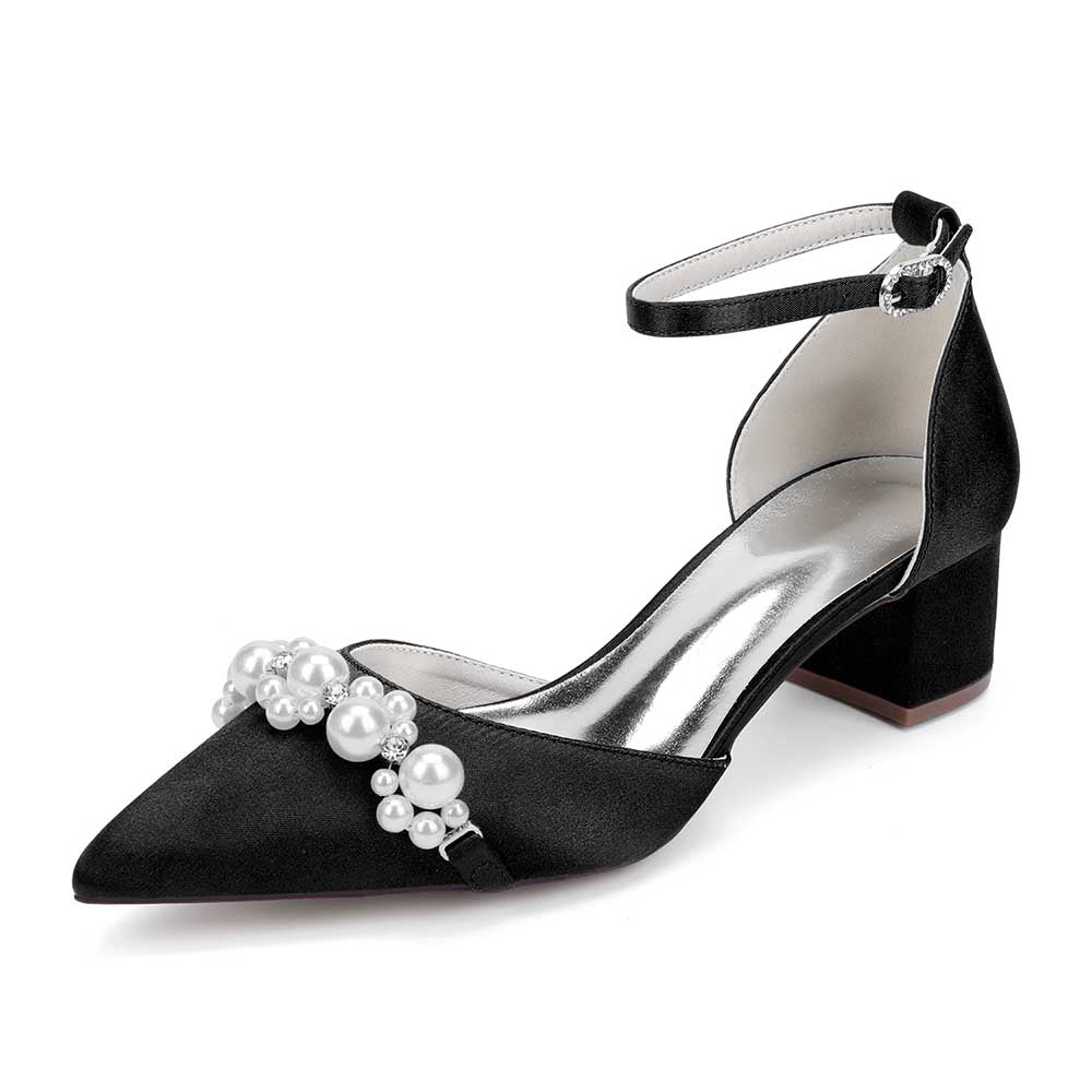 Elegant black heels with pearl embellished bride shoes featuring a stylish ankle strap and block heel