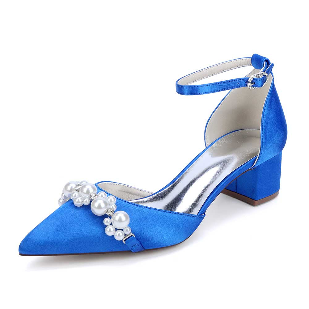 Blue classic heels with pearl embellished bride shoes and ankle strap for stylish weddings
