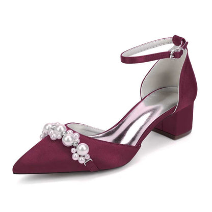 Elegant burgundy pearl embellished bride shoes with ankle strap and block heel for weddings
