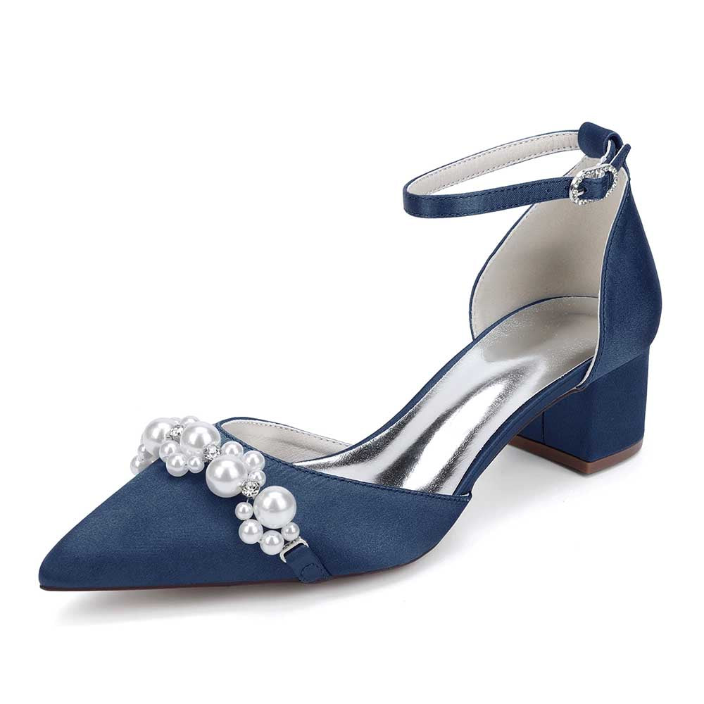 Elegant blue heels with pearl embellished bride shoes design and a comfortable block heel