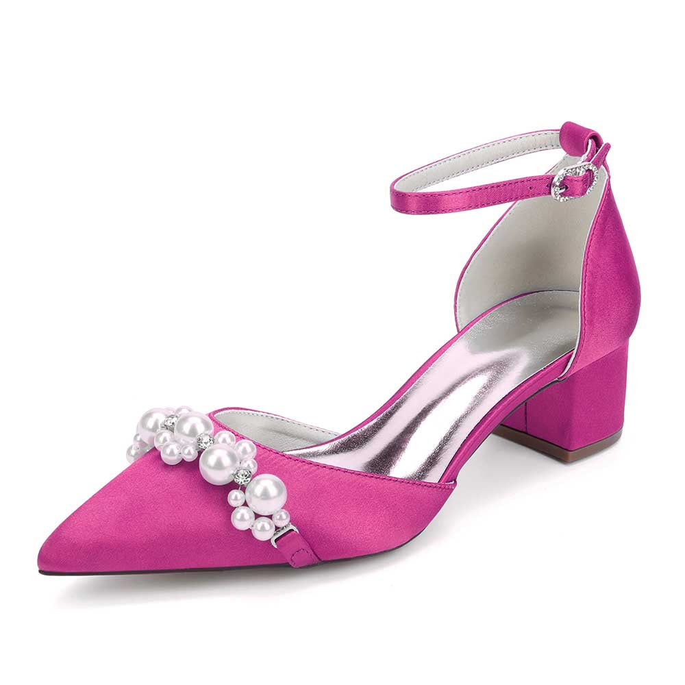 Pink heels with pearl embellished bride shoes design featuring ankle strap and block heel