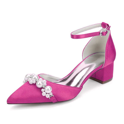 Pink heels with pearl embellished bride shoes design featuring ankle strap and block heel