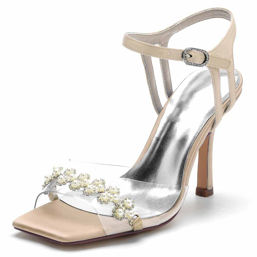 S&DCo. pearl embellished prom heels with clear straps and elegant design for formal occasions