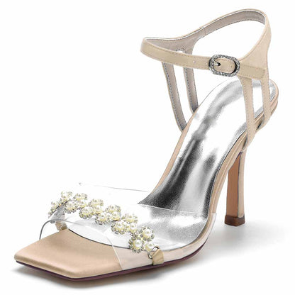 S&DCo. pearl embellished prom heels with clear straps and elegant design for formal occasions