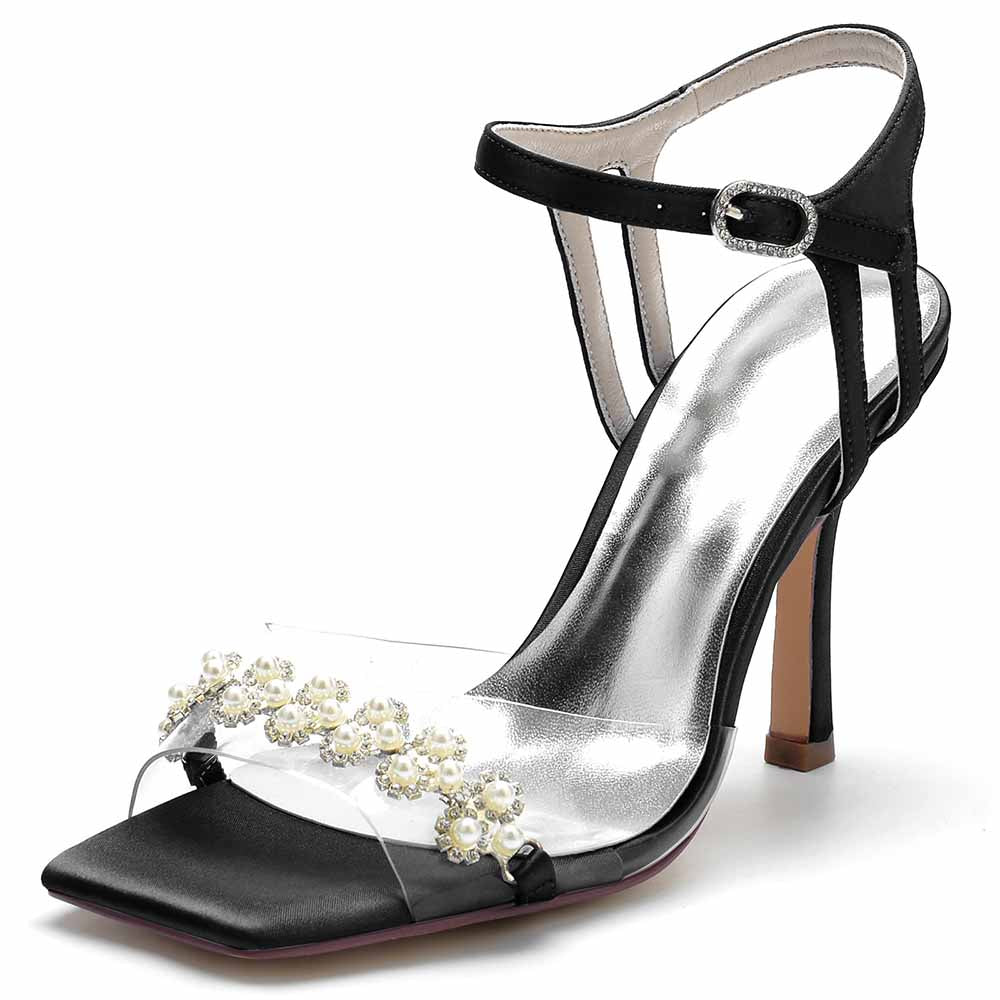 S&DCo. pearl embellished prom heels with a clear strap and black detailing for elegant occasions