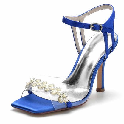 S&DCo. blue pearl embellished prom heels with clear strap and elegant design for special occasions