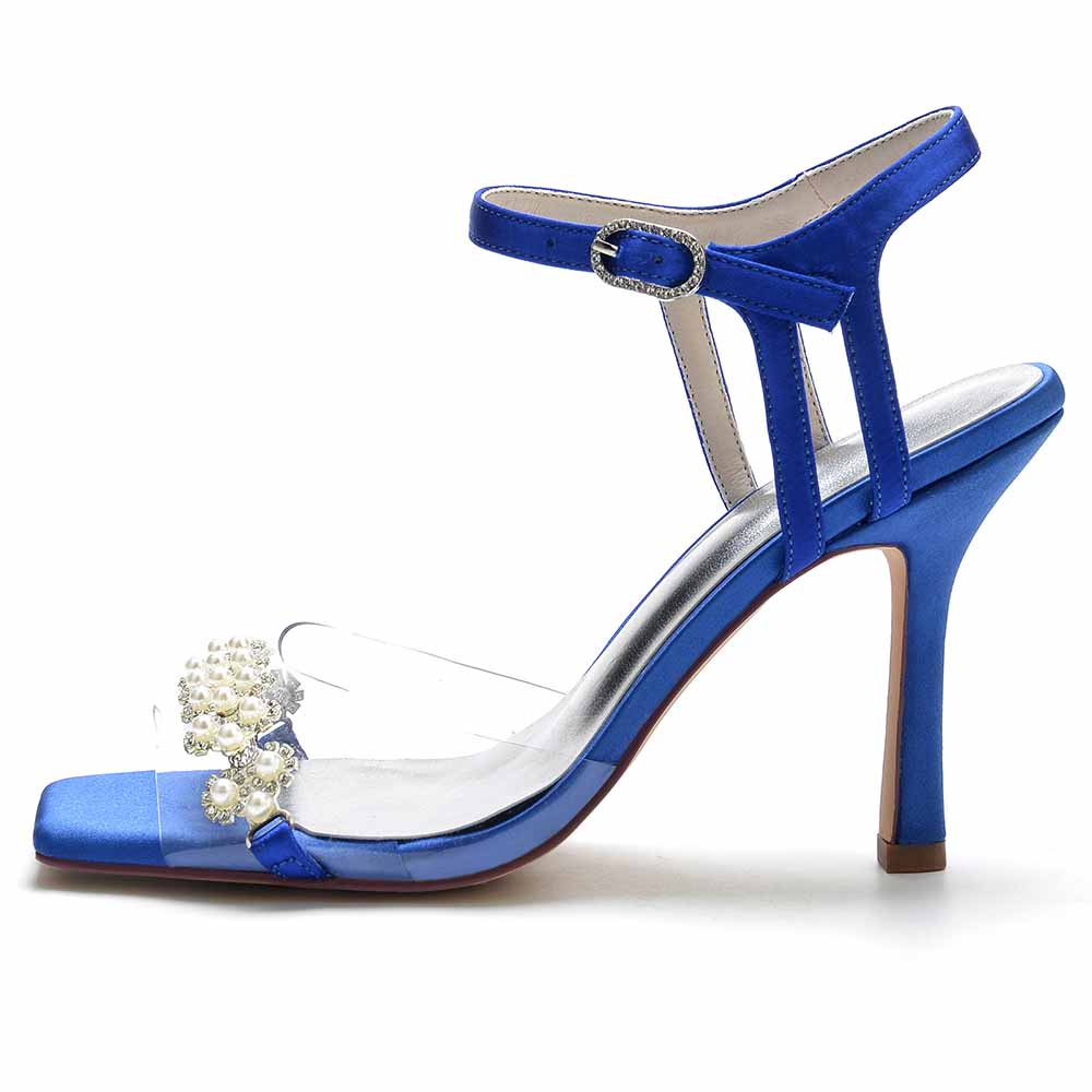 S&DCo. blue pearl embellished prom heels with transparent strap and high stiletto heel