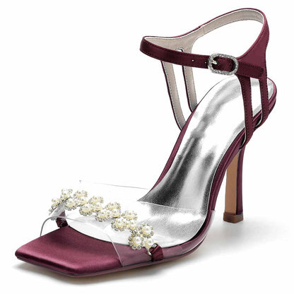 S&DCo. pearl embellished prom heels with clear strap and burgundy satin finish for elegant occasions
