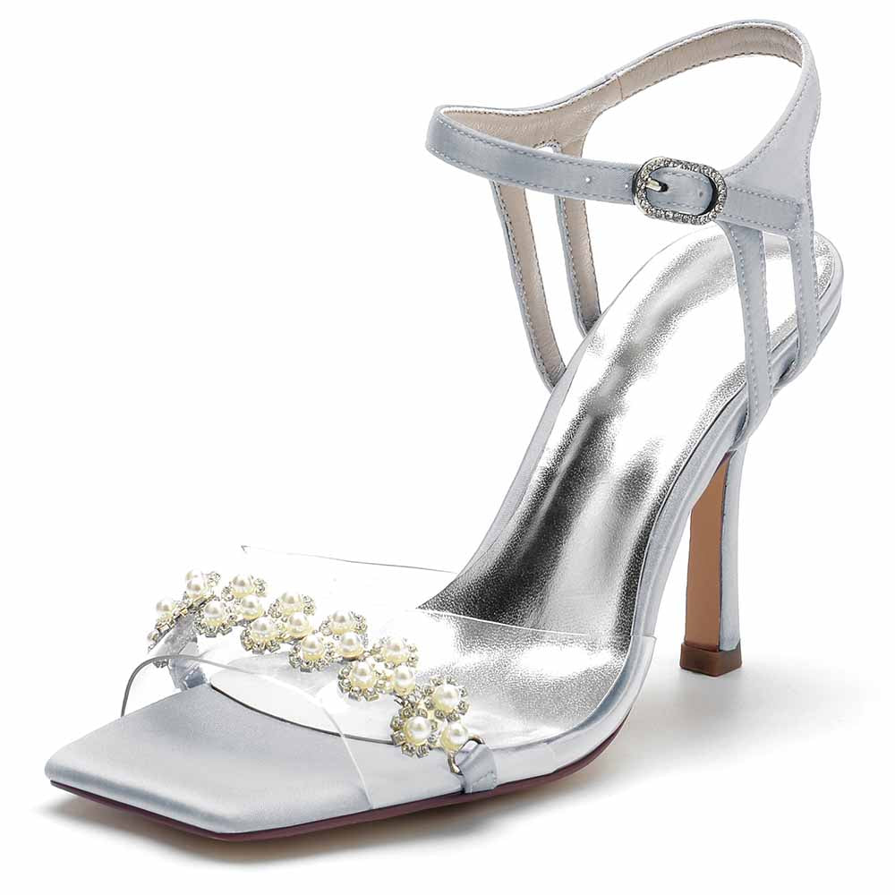 S&DCo. pearl embellished prom heels with clear straps and elegant silver accents