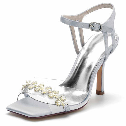 S&DCo. pearl embellished prom heels with clear straps and elegant silver accents