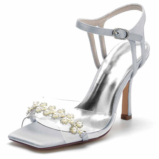 S&DCo. pearl embellished prom heels with clear straps and elegant silver accents
