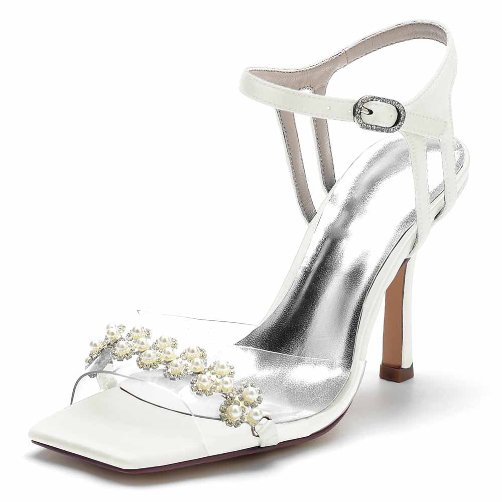 S&DCo. pearl embellished prom heels with clear straps and elegant design for special occasions