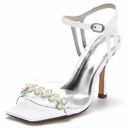 S&DCo. pearl embellished prom heels with transparent design and elegant strap for special occasions
