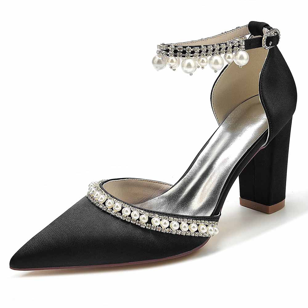 Elegant pearl embellished satin high heels with ankle strap and pointed toe design