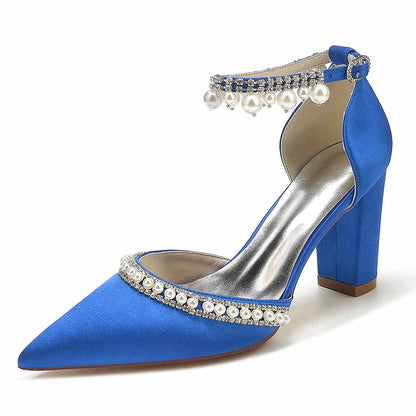 Blue pearl embellished satin high heels with ankle strap and decorative pearls for elegant occasions