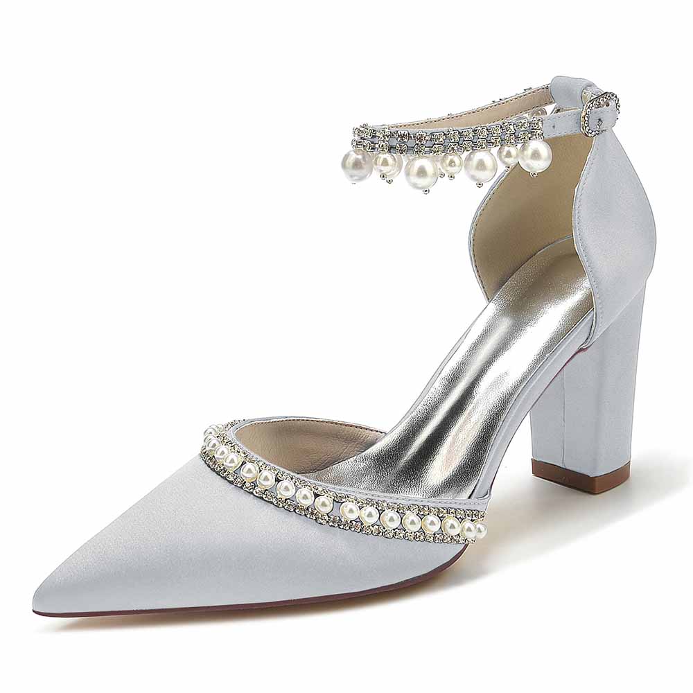 Elegant pearl embellished satin high heels with ankle strap and pointed toe design for special occasions