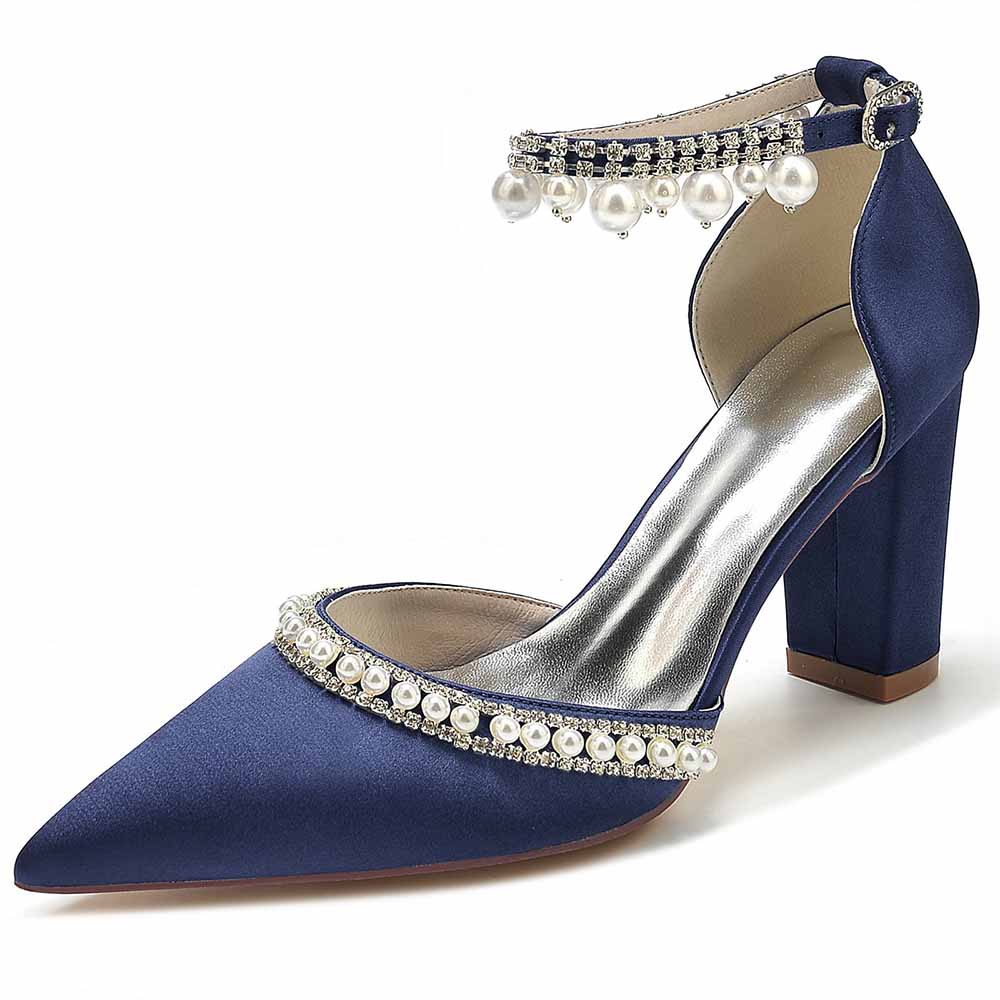 Pearl embellished satin high heels in navy blue with stylish ankle strap and decorative pearls