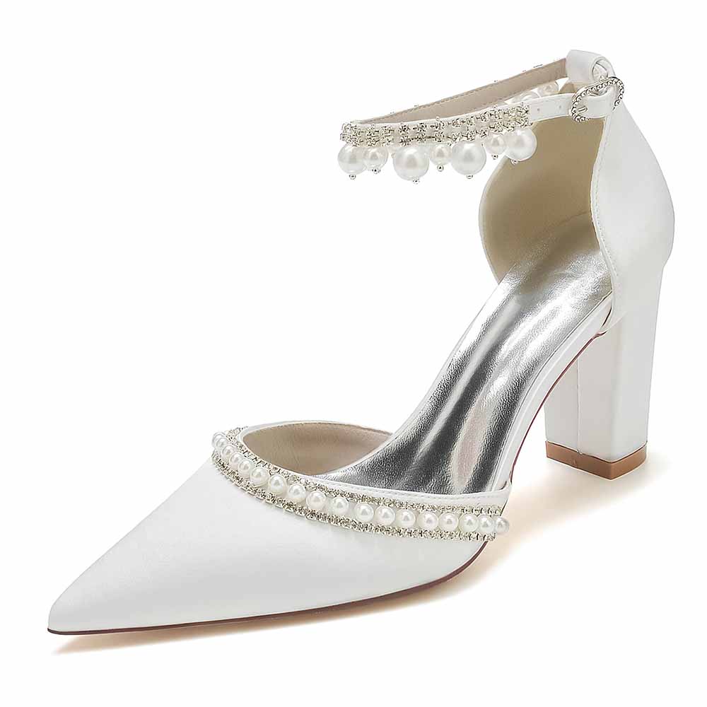 Stylish pearl embellished satin high heels with an elegant ankle strap and pointed toe design