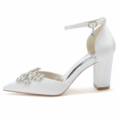 Elegant pearl embellished satin high heels with ankle strap and embellished floral design